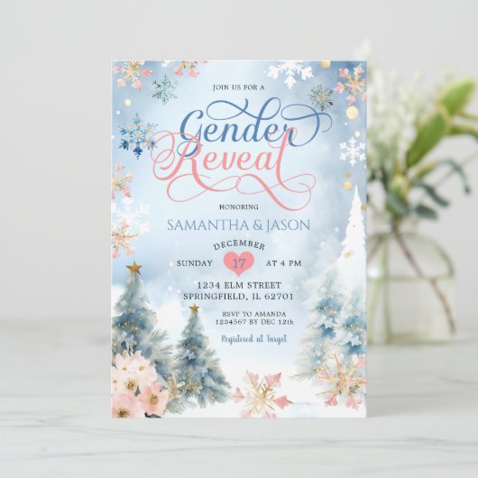 Winter Forest Snowflake Kerst Geslacht Onthulling Kaart (Staand voorkant)