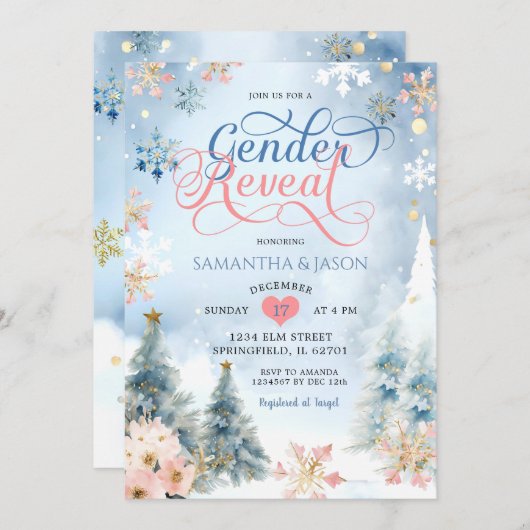 Winter Forest Snowflake Kerst Geslacht Onthulling Kaart (Voorkant / Achterkant)