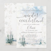 Winter Forest Snowflakes Onederland 1e verjaardag Kaart (Voorkant / Achterkant)
