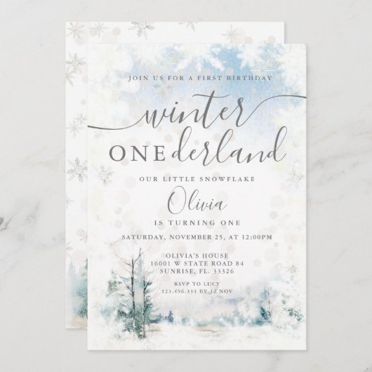 Winter Forest Snowflakes Onederland 1e verjaardag Kaart (Voorkant / Achterkant)