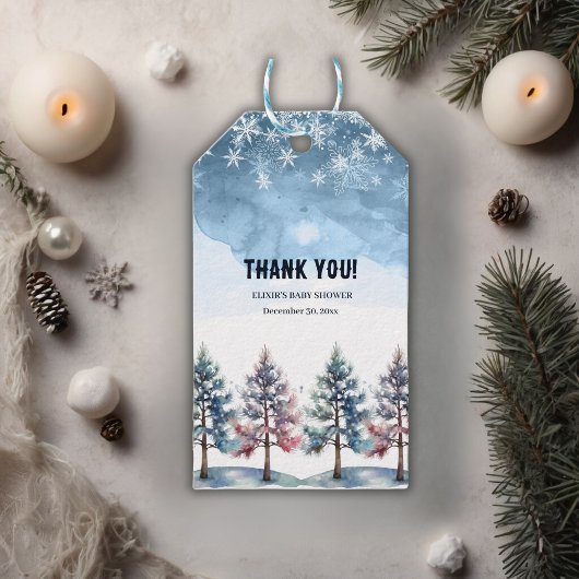 Winter Forest Snowflakes & Pine Trees Baby shower Cadeaulabel