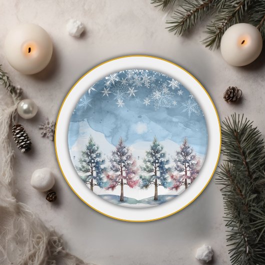 Winter Forest Snowflakes & Pine Trees Baby shower Papieren Bordje