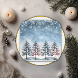 Winter Forest Snowflakes & Pine Trees Baby shower Papieren Bordje