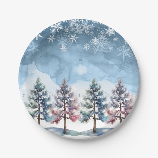 Winter Forest Snowflakes & Pine Trees Baby shower Papieren Bordje (Voorkant)
