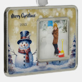 Winter Forest Snowman Foto | Goud Verzilverd Omlijst Ornament (Rechts)