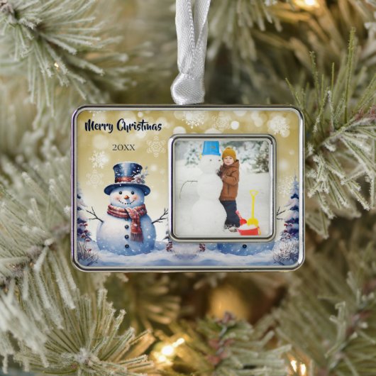 Winter Forest Snowman Foto | Goud Verzilverd Omlijst Ornament (Boom)