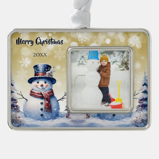 Winter Forest Snowman Foto | Goud Verzilverd Omlijst Ornament (Voorkant)