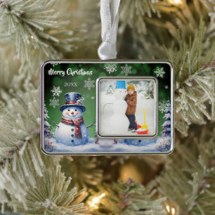 Winter Forest Snowman Foto   Green Verzilverd Omlijst Ornament