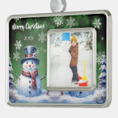 Winter Forest Snowman Foto | Green Verzilverd Omlijst Ornament (Links)