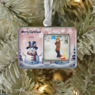 Winter Forest Snowman Foto   Roze Verzilverd Omlijst Ornament