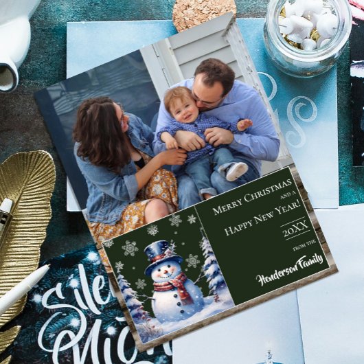 Winter Forest Snowman Kerstfoto | Green Feestdagenkaart