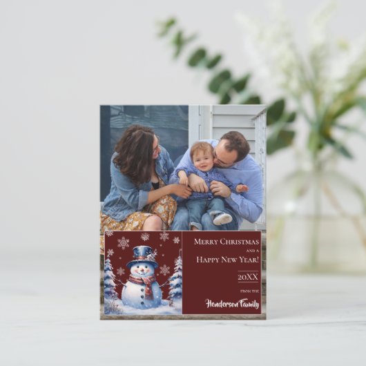 Winter Forest Snowman Kerstfoto | Red Feestdagenkaart (Staand voorkant)