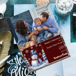 Winter Forest Snowman Kerstfoto   Red Feestdagenkaart