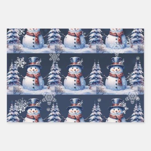Winter Forest Snowman Kerstmis | Blauw Inpakpapier Vel (Voorkant)
