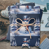 Winter Forest Snowman Kerstmis | Blauw Inpakpapier Vel