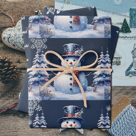 Winter Forest Snowman Kerstmis | Blauw Inpakpapier Vel