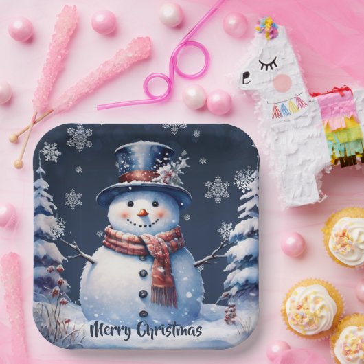 Winter Forest Snowman Kerstmis | Blauw Papieren Bordje (Feest)