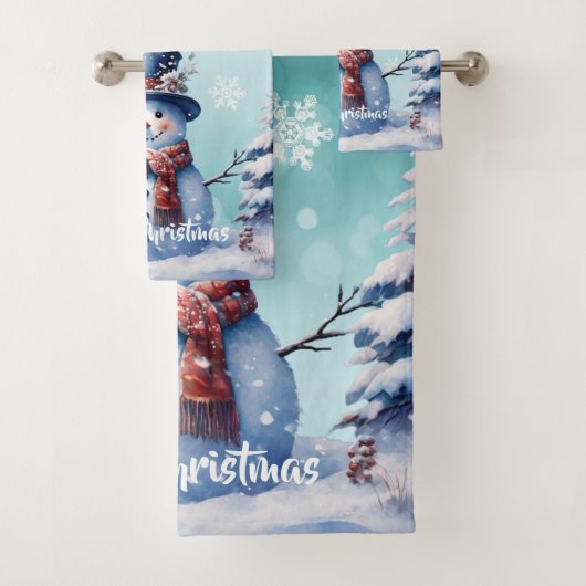 Winter Forest Snowman Kerstmis | Blauwgroen Bad Handdoek (Insitu)