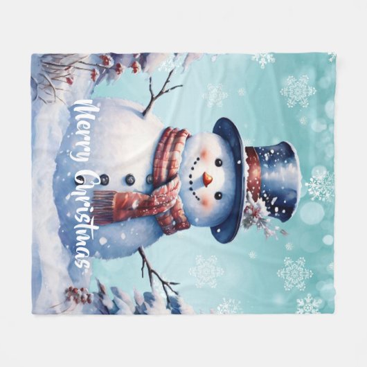 Winter Forest Snowman Kerstmis | Blauwgroen Fleece Deken (Voorkant (Horizontaal))