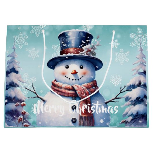 Winter Forest Snowman Kerstmis | Blauwgroen Groot Cadeauzakje (Voorkant)