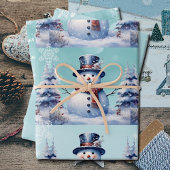 Winter Forest Snowman Kerstmis | Blauwgroen Inpakpapier Vel