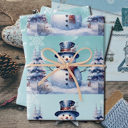 Winter Forest Snowman Kerstmis | Blauwgroen Inpakpapier Vel