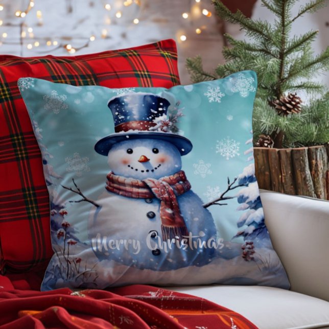 Winter Forest Snowman Kerstmis | Blauwgroen Kussen (Teal Winter Forest Snowman Christmas Throw Pillow)