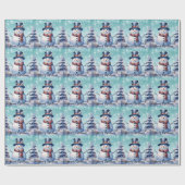 Winter Forest Snowman Kerstmis | Blauwgroen verpak Cadeaupapier (Vlak)