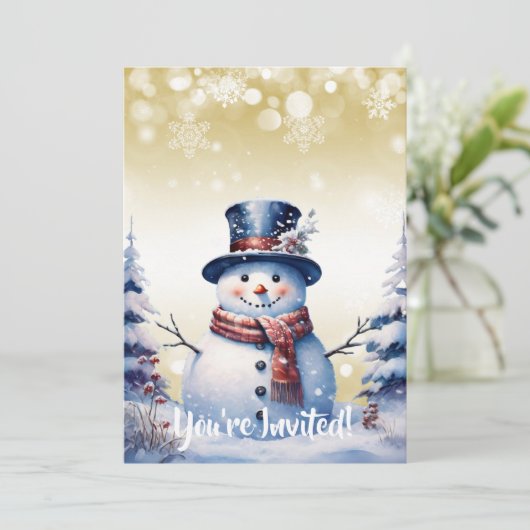 Winter Forest Snowman Kerstmis | goudfeest Kaart (Staand voorkant)