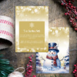 Winter Forest Snowman Kerstmis | goudfeest Kaart<br><div class="desc">Nodig gasten uit voor uw vakantiefeest met deze feestelijke Gold Winter Forest Snowman Christmas Holiday Party Invite. Het uitnodigende ontwerp is voorzien van een schattige sneeuwman in een charmante hoge hoed en sjaal die staat in een winterbosscène met vallende sneeuw. Personaliseer met uw feest- en RSVP-gegevens. Extra cadeau- en vakantieartikelen...</div>