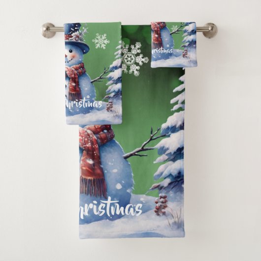 Winter Forest Snowman Kerstmis | Green Bad Handdoek (Insitu)