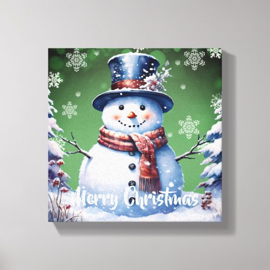 Winter Forest Snowman Kerstmis | Green Canvas Afdruk (Voorkant)