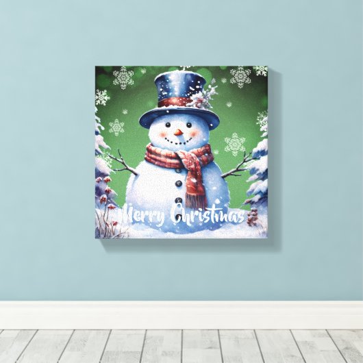 Winter Forest Snowman Kerstmis | Green Canvas Afdruk (Insitu (Houten vloer))