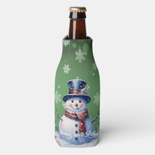 Winter Forest Snowman Kerstmis | Green Flesjeskoeler (Fles Voorkant)