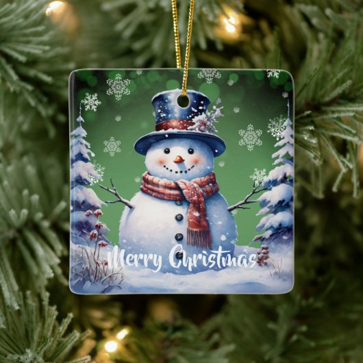 Winter Forest Snowman Kerstmis | Green Keramisch Ornament (Boom)