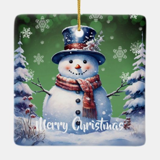 Winter Forest Snowman Kerstmis | Green Keramisch Ornament (Achterkant)