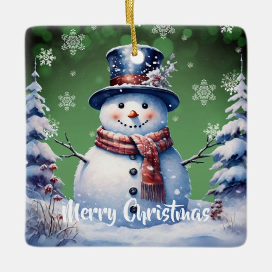 Winter Forest Snowman Kerstmis | Green Keramisch Ornament (Voorkant)