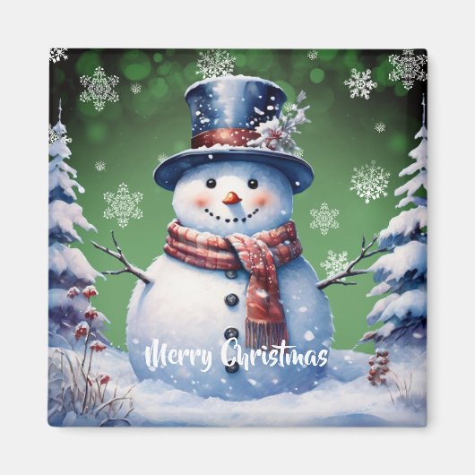 Winter Forest Snowman Kerstmis | Green Magneet (Voorkant)