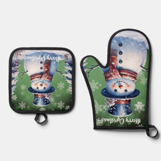 Winter Forest Snowman Kerstmis | Green Ovenwant & Pannenlap Set (Voorkant)