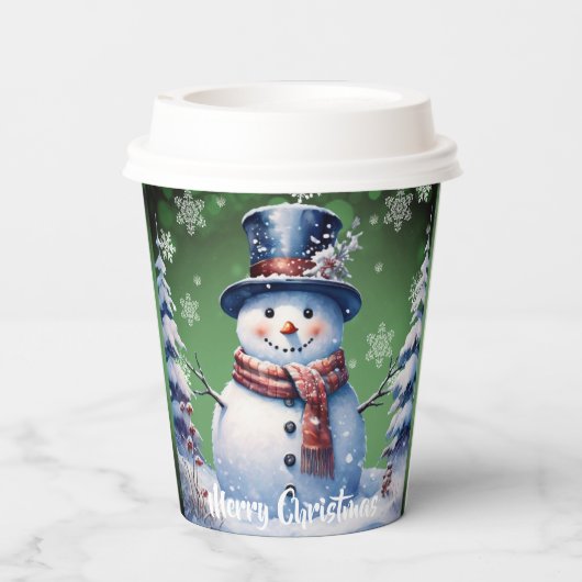 Winter Forest Snowman Kerstmis | Green Papieren Bekers (Achterkant)