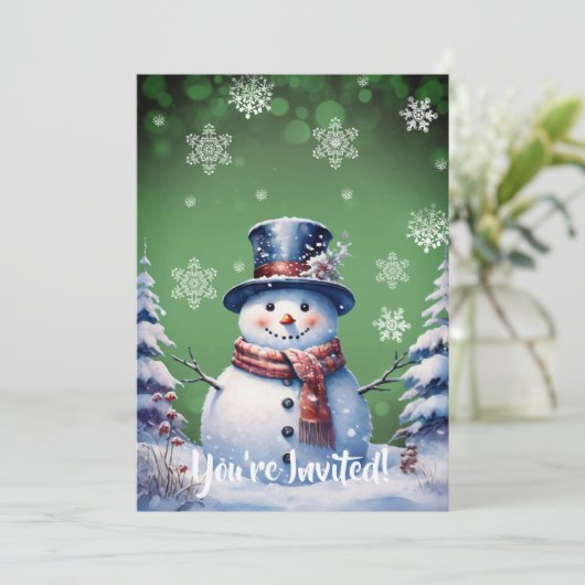Winter Forest Snowman Kerstmis | groene partij Kaart (Staand voorkant)