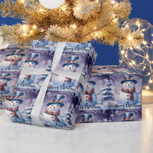 Winter Forest Snowman Kerstmis   Paars Cadeaupapier