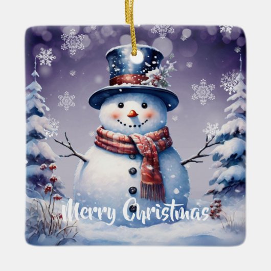 Winter Forest Snowman Kerstmis | Paars Keramisch Ornament (Voorkant)