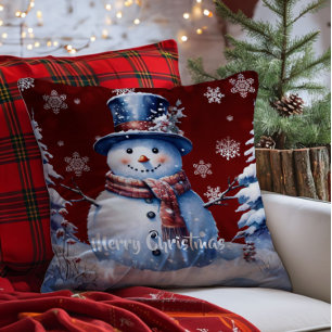 Winter Forest Snowman Kerstmis   Red Kussen