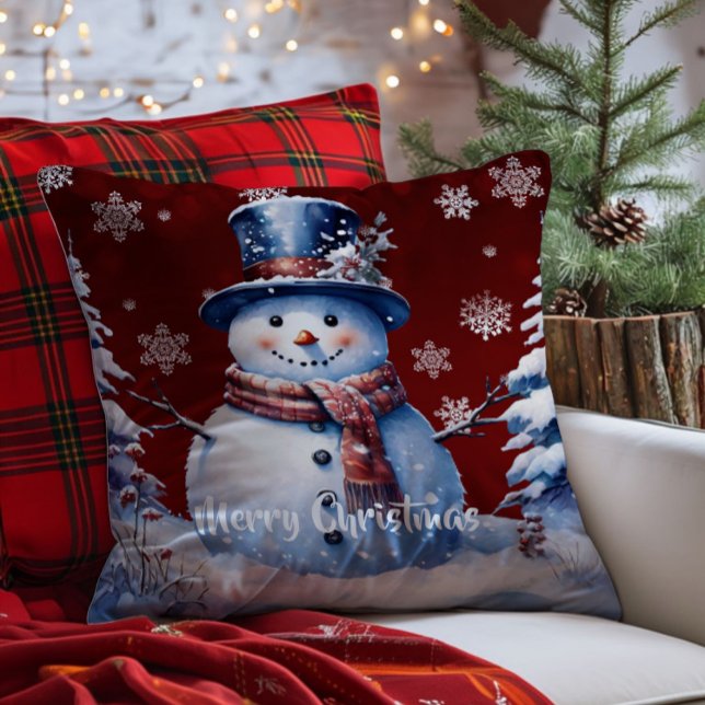 Winter Forest Snowman Kerstmis | Red Kussen (Red Winter Forest Snowman Christmas Throw Pillow)