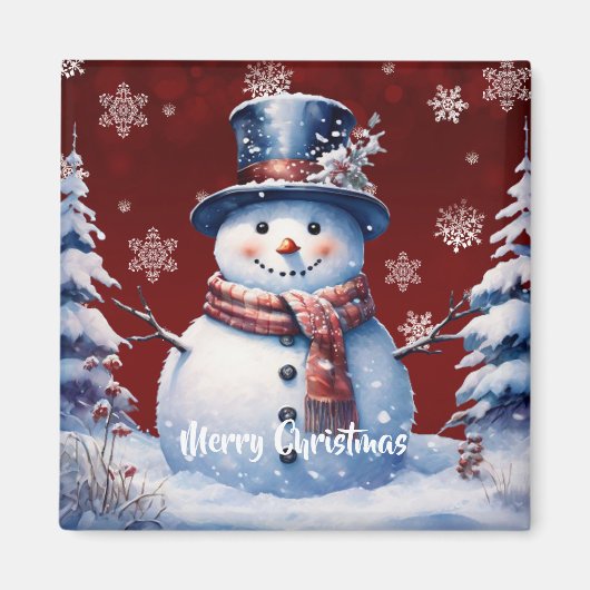 Winter Forest Snowman Kerstmis | Red Magneet (Voorkant)