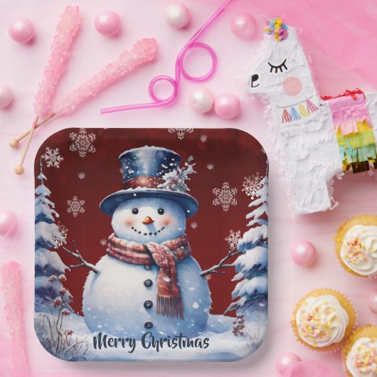Winter Forest Snowman Kerstmis | Red Papieren Bordje (Feest)