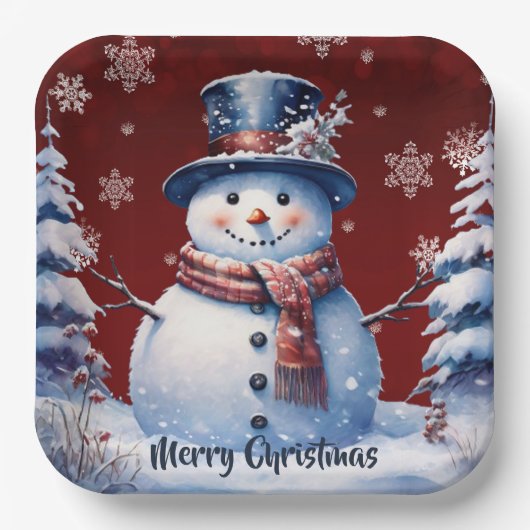 Winter Forest Snowman Kerstmis | Red Papieren Bordje (Voorkant)