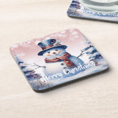 Winter Forest Snowman Kerstmis | Roze Bier Onderzetter (Linkerzijde)