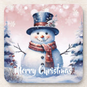 Winter Forest Snowman Kerstmis | Roze Bier Onderzetter (Voorkant)